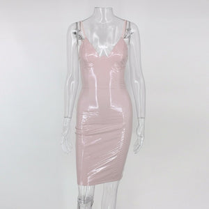 Feditch Women PU Sexy Dress Autumn Sleeveless Bodycon Dress Women Vintage Vestidos Spaghetti Strap Elegant Lady Party Dresses