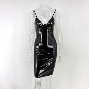 Feditch Women PU Sexy Dress Autumn Sleeveless Bodycon Dress Women Vintage Vestidos Spaghetti Strap Elegant Lady Party Dresses